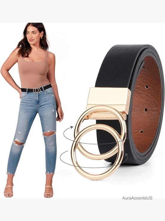 Reversible Leather Belt with Double O Ring Rotate Buckle for Jeans Dress main image 4
